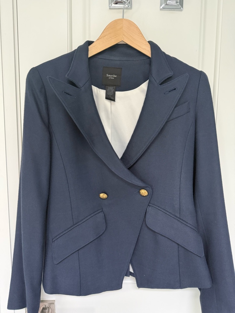 Smythe Double-Breasted Navy Textured Blazer with Gold Buttons
